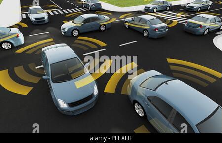 Auto autonoma su una strada con collegamento visibile, rendering 3D Foto Stock