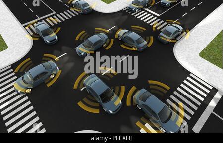 Auto autonoma su una strada con collegamento visibile, rendering 3D Foto Stock