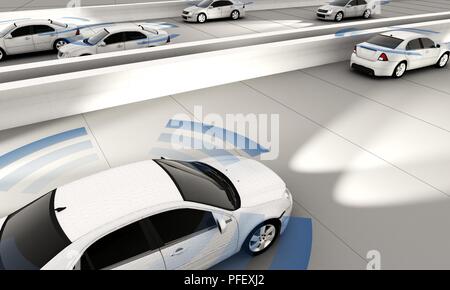 Auto autonoma su una strada con collegamento visibile il rendering 3D Foto Stock