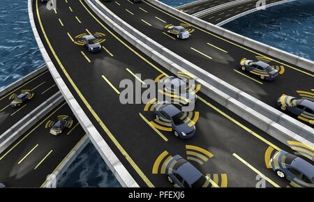 Auto autonoma su una strada con collegamento visibile, rendering 3D Foto Stock
