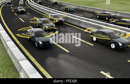 Auto autonoma su una strada con collegamento visibile, rendering 3D Foto Stock