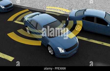 Auto autonoma su una strada con collegamento visibile, rendering 3D Foto Stock