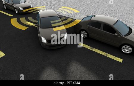 Auto autonoma su una strada con collegamento visibile, rendering 3D Foto Stock