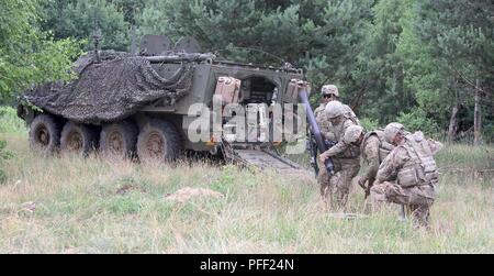 I soldati assegnati alla sede centrale e sede di truppe, 1° Stormo, 2° reggimento di cavalleria, Battle Group Polonia, assemblare il M 252 81 mm sistema di Malta al di fuori della loro mortaio veicolo portante durante lo sciopero di Saber 18 in Bemowo Piskie Area Formazione, Polonia il 12 giugno 2018. Sciopero di Saber 18 è l'ottava iterazione della lunga U.S. Esercito Europa-led formazione cooperativa esercizio progettata per migliorare l'interoperabilità tra alleati e partner regionali. (Michigan esercito nazionale Guard Foto Stock