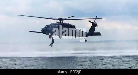 Un membro del New York La Guardia Nazionale di 24 armi di distruzione di massa supporto civile Team esiste un bilico HH-60 Pave Hawk elicottero assegnato alla 106ª Ala di salvataggio durante la formazione helocasting off Fort Hamilton, Brooklyn in Gravesends Bay il 6 giugno 2018. Il ventiquattresimo civile il Team di supporto, che è specializzata nella identificazione chimica, biologica e agenti radiologici, treni su helocasting-- un metodo per la distribuzione in rapidamente acqua-- in caso di necessità di utilizzare questo metodo per arrivare a una posizione di destinazione nella città di New York. ( Divisione di militari e gli affari navali Foto Stock