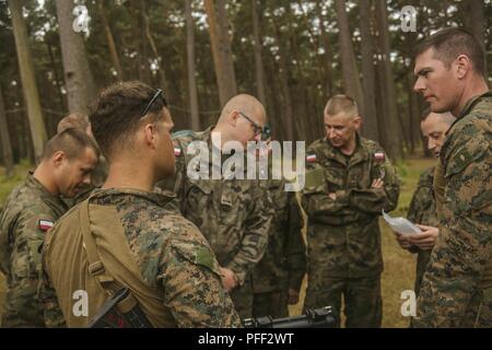 USTKA, Polonia (11 giugno 2018) DEGLI STATI UNITI Navy Lt. Christopher M. Mullahey, destra, un ufficiale medico assegnato alla società di Fox, battaglione atterraggio squadra, 2° Battaglione, 6° Reggimento Marini, 26 Marine Expeditionary Unit, interagisce con il polacco forze terrestri personale medico durante l'esercizio le operazioni del Baltico (BALTOPS) 2018 in Ustka, Polonia, 11 giugno. BALTOPS è il premier marittima annuale di esercizio focalizzato nella regione del Mar Baltico e uno dei più grandi esercizi nel Nord Europa e aumentare la flessibilità e interoperabilità tra alleati e partner delle nazioni. (Marine Corps Foto Stock