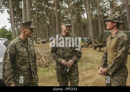 USTKA, Polonia (11 giugno 2018) Lt. Col. Christopher L. Bopp, comandante del battaglione del battaglione di atterraggio (Team BLT), 2° Battaglione, 6° Reggimento Marini, 26 Marine Expeditionary Unit (MEU), a sinistra e a Sgt. Il Mag. Christopher N. Cary, sergente maggiore di BLT 2/6, XXVI MEU, parlare con gli Stati Uniti Navy Lt. Christopher M. Mullahey, un ufficiale medico assegnato al BLT 2/6, XXVI MEU, durante una visita in loco per esercitare le operazioni del Baltico (BALTOPS) 2018 in Ustka, Polonia, 11 giugno. BALTOPS è il premier marittima annuale di esercizio focalizzato nella regione del Mar Baltico e uno dei più grandi esercizi in Nord Europa migliorando flex Foto Stock