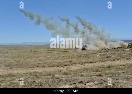 Soldati dell'esercito di Idaho National Guard è ingegnere 116Battaglione e gli Stati Uniti Esercito della riserva 321Battaglione ingegnere ha condotto un live-fire M58 di sminamento carica di linea (MICLIC) gamma 13 giugno 2018 presso il frutteto Combat Training Center, il Boise, Idaho. Ingegnere di entrambe le unità sono il supporto del 116Calvario Brigata combattere del Team esportabili combattere la capacità di formazione di rotazione. Foto Stock