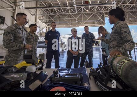 Airman 1. Classe Briana McIver 23d medicina aerospaziale squadrone tecnico bioenvironmental, spiega il suo ruolo nel team Moody's missione ai membri del giunto civile corso di orientamento 88 (JCOC), 13 giugno 2018, a Moody Air Force Base, Ga. La missione di JCOC è quello di aumentare la comprensione da parte del pubblico della militari tramite combattimenti tra le forze armate e membri del corso. Foto Stock