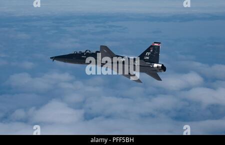 Un U.S. Air Force T-38 Taloni vola sopra l'Oceano Atlantico al largo della costa della Southern Virginia, 12 giugno 2018. La 71st Fighter Training Squadron piloti vola il Taloni a sostegno del 1° Fighter Wing missione di formazione; agendo come antenna contro avversari F-22 Raptor piloti preparando a distribuire in tutto il mondo. Foto Stock