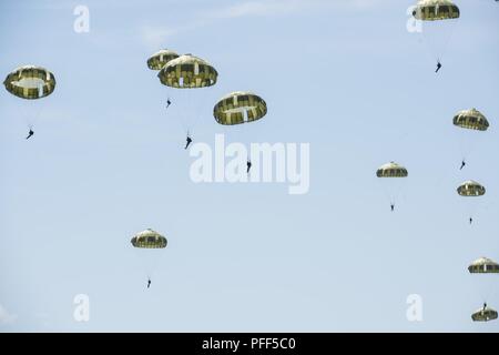 Giappone terra Forza di Autodifesa i soldati e i paracadutisti assegnato alla quarta brigata di fanteria combattere Team (airborne), XXV divisione di fanteria, U.S. Esercito di Alaska, condurre un airborne proficiency operazione su Malemute zona di caduta sulla giunzione base Elmendorf-Richardson, Alaska, 13 giugno 2018, durante l'Artico Aurora esercizio. Questa formazione bilaterale di esercizio, che comporta elementi della brigata spartana e il JGSDF, si concentra sul rafforzamento dei legami tra le due unità tramite esecuzione combinata di piccole unità airborne proficiency operazioni e base piccola-bracci precisione di tiro. Foto Stock