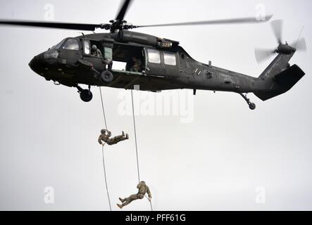 Due Esercito Nazionale soldati di guardia rappel quasi 90-piedi giù da un esercito di Oregon Guardia Nazionale HH-60M Black Hawk elicottero durante il comando di aeromobili e la porzione di controllo del Rappel Corso Master, Giugno 13, 2018 a Camp Rilea vicino al Warrenton, Oregon. I soldati devono inviare con successo rappelling soldati fuori del velivolo e il punteggio al cento per cento al fine di superare il test. ( Foto Stock