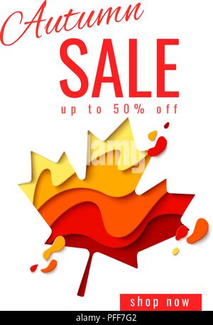 Vettore vendita autunnale del modello dello sfondo con la carta tagliata autunno maple leaf per lo shopping vendita flyer, banner web. Caduta di shopping di stagione promo poster Illustrazione Vettoriale