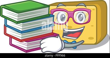 Studente con libro formaggio Gouda mascotte cartoon Illustrazione Vettoriale