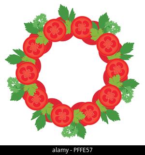 Design piatto illustrazione telaio rotondo con fette di pomodoro e le foglie di basilico e foglie di prezzemolo, isolato su sfondo bianco con spazio per il testo - vec Illustrazione Vettoriale