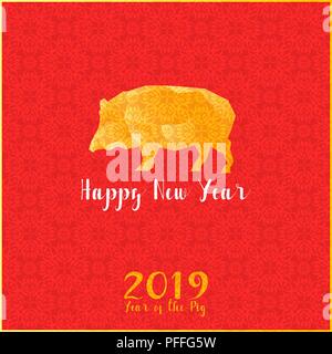 Biglietto di auguri: Felice nuovo anno cinese 2019. Anno del maiale. Sfondo ornamentale e bassa poli maiale. Illustrazione Vettoriale