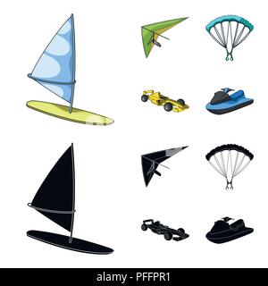Deltaplano, paracadute, auto racing, acqua scooter.sport estremo set di icone di raccolta in cartoon,nero stile simbolo vettore illustrazione stock . Illustrazione Vettoriale