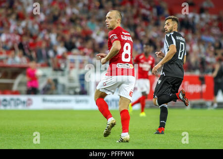 Mosca, Russia - Agosto 14, 2018: il giocatore di Spartak Denis Glushakov in azione durante la UEFA Champions League terzo turno di qualificazione, tra FC Spar Foto Stock