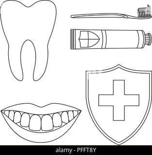 Line art in bianco e nero denti set per pulizia Illustrazione Vettoriale
