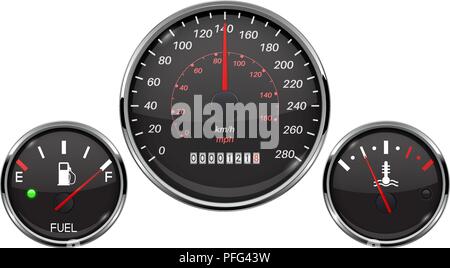 Cruscotto di automobile nero set di indicatori. Indicatore di livello carburante, tachimetro, indicatore di temperatura Illustrazione Vettoriale