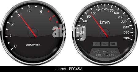 Il tachimetro e il contagiri. Nero auto indicatori di livello cruscotto Illustrazione Vettoriale