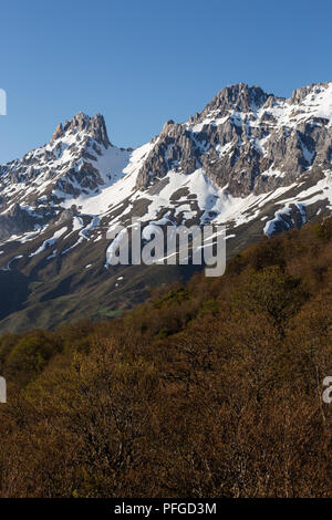 Western massiccio dei Picos de Europa Dal Mirador de Pandetrave, Valdeon, Castiglia e Leon, Spagna. Foto Stock