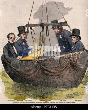 CHARLES verde (1785-1870) balloonist inglese (a destra) con compagni su un palloncino di volo da Vauxhall Gardens nel 1852. Degli strumenti di misura della pressione e della temperatura dell'aria. Color legno incisione da un 1853 prenota. Foto Stock