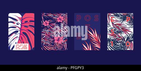 Poster con piatti tropicali disegno geometrico. Cool sfondi colorati. Applicabile per striscioni e cartelloni, manifesti, volantini. Illustrazione Vettoriale. Illustrazione Vettoriale