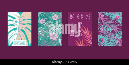 Poster con piatti tropicali disegno geometrico. Cool sfondi colorati. Applicabile per striscioni e cartelloni, manifesti, volantini. Illustrazione Vettoriale. Illustrazione Vettoriale