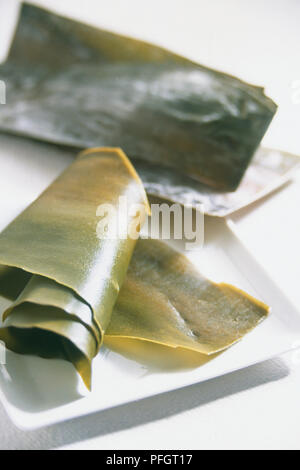Kombu (kelp), arrotolato fogli di alghe marine sulla piastra, close-up Foto Stock