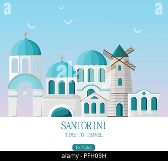 Santorini Grecia architettura vettore facciate. Banner di viaggio di bianco e blu con case illustrazione dello sfondo Illustrazione Vettoriale