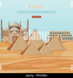 Egitto piramidi card vettore di fondo. Vista del deserto e moschea architettura modello di poster Illustrazione Vettoriale