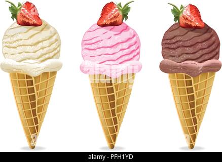 Coni gelato vettore. Cioccolato, vaniglia e aroma di fragola Illustrazione Vettoriale