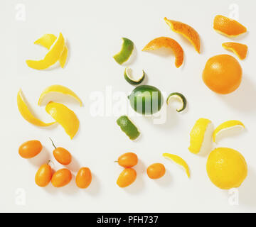 Agrumi e buccia, compresi Citrus aurantium, Citrus aurantiifolia, Citrus limon, Citrus x paradisi, Fortunella japonica Foto Stock