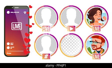 Vettore di storie. Ragazza, uomo Streamer. Live Video Streaming. Online Video Streaming. Social Media concetto. Applicazione Mobile interfaccia. Icona, Avatar. Streamer utente. Piatto illustrazione Cartoon Illustrazione Vettoriale