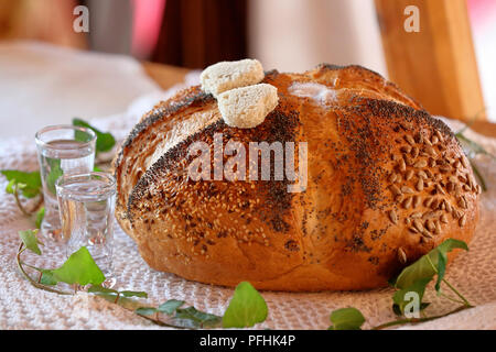 Pane tondo e la vodka, un tradizionale saluto di una sposa e lo sposo Foto Stock