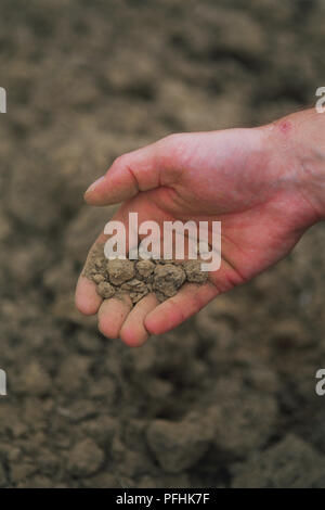 Pezzi di terreno asciutto appoggiata nel palmo della mano sopra la superficie del terreno, vicino. Foto Stock