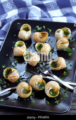 Delizioso piatto gourmet - Escargots de Bourgogne o lumache con burro alle erbe aglio spruzzata con del prezzemolo tritato finemente sulla piastra nera con lumaca per Foto Stock