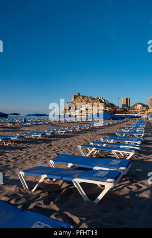 La città di Benidorm, Costa Blanca, Provincia di Alicante, Spagna, Europa / vista lungo la Playa De Poniente Beach in primavera. Foto Stock