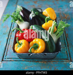 E una selezione di fresche verdure intere in metallo vassoio da forno, melanzane, peperoni rossi e gialli, finocchio lampadine, cougettes, vista in elevazione. Foto Stock