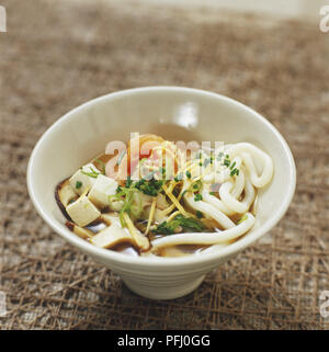 Ciotola di zuppa contenente udon noodles, salmone, tofu e funghi shiitake, spolverate con un trito di erba cipollina e cipollina Foto Stock