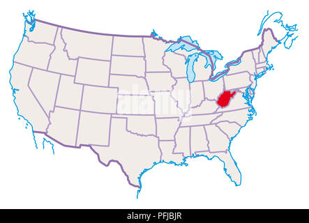 Mappa di STATI UNITI D'AMERICA, West Virginia evidenziato in rosso Foto Stock