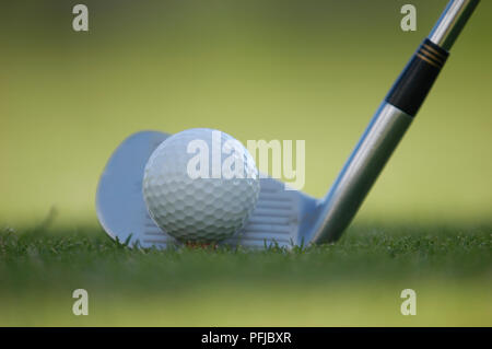 Testa di ferro lungo golf club vicino a pallina da golf sul green Foto Stock