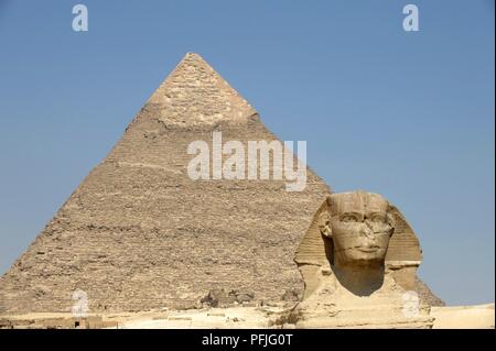 Egitto Giza, la Grande Sfinge Khafra contro la piramide Foto Stock