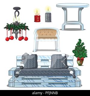 Set di cartoon eleganti elementi tradizionali festosa interno in stile retrò isolati su sfondo bianco. Idee festosa interni. Gli attributi del nuovo anno e del Natale. Illustrazione Vettoriale closeup. Illustrazione Vettoriale