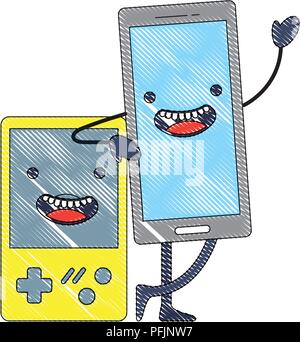 Kawaii smartphone e console per video game cartoon illustrazione vettoriale Illustrazione Vettoriale