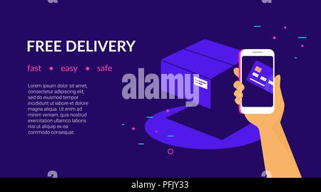 Consegna gratuita per clienti Come pagare con carta di credito via mobile app. Vettore di piatto al neon modello di sito web e landing page design della mano umana detiene smart p Illustrazione Vettoriale