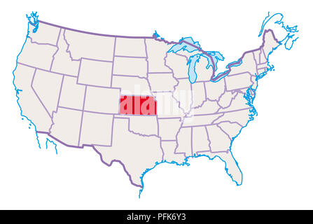 Mappa di STATI UNITI D'AMERICA, Kansas evidenziato in rosso Foto Stock