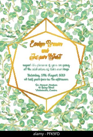 Invito a nozze con evergreen Verde Eucalipto foglie e rami con oro disegno telaio isolato su sfondo bianco. In verticale Illustrazione Vettoriale