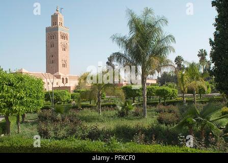 Il Marocco Marrakech, Koutoubia Gardens con la Moschea di Koutoubia in background Foto Stock